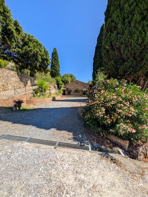 Viale in ghiaia verso casale in pietra tra cipressi — Poggio al Coniglio, villa in Toscana a Suvereto con camere in affitto